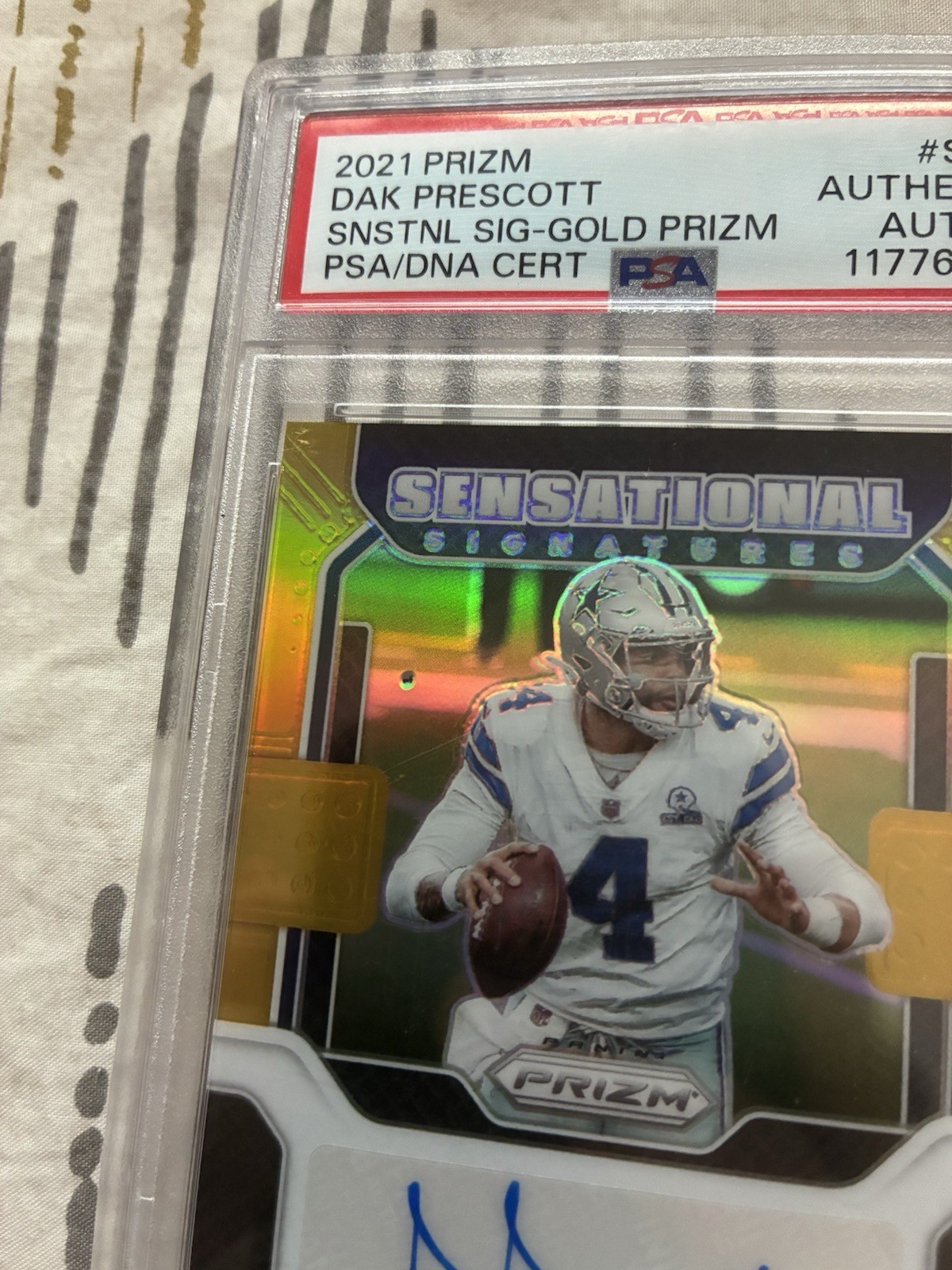 2021 Prizm Dak Prescott Sensational Signatures Gold Auto /10….dimple on card view 2