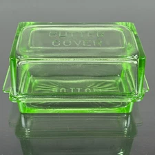 Hazel Atlas Glass Uranium Green Butter Cover Dish & Lid 