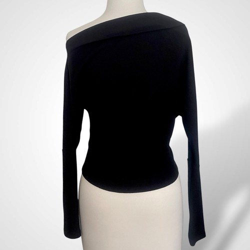 House of Harlow 1960 schwarz lang Fledermausärmel One Shoulder Bluse Top Damen Größe S - Bild 2 von 5