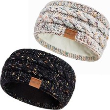 Winter Headbands Wool Ear Warmers Knit Thick Fleece Lined Black White 2 PCS