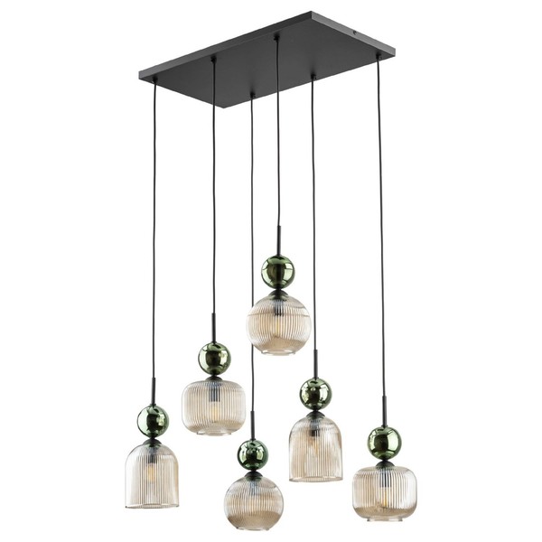 HäNgelampe Glas Metall Schwarz E14 6-Flammig GrüN Cognac L:65 Cm Pendelleuchte-image