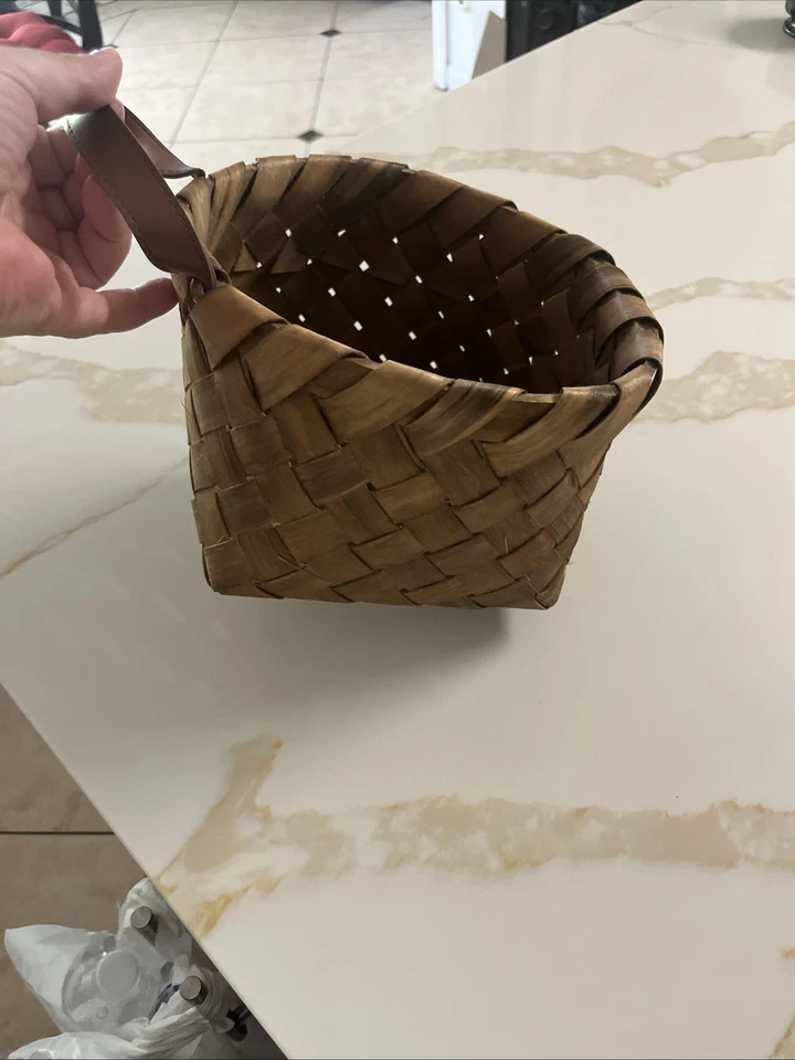 Rustic Style Wall Hanging Basket With Faux Leather Strap And Brass Hardware - Image 3 of 4