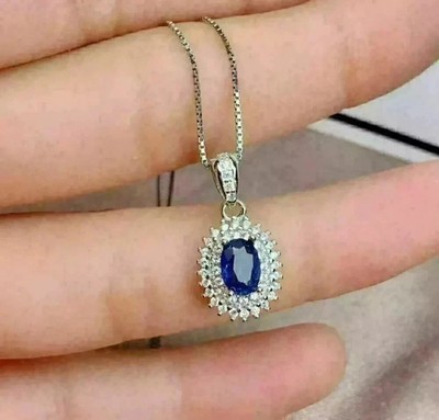 3,1 kt Ovalschliff Lab Created Saphir Damen Kette Anhänger 14k Weißgold Finish