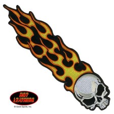 DELUXE BIKER LONG FLAMING SKULL EMBROIDERED PATCH