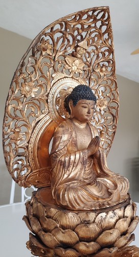 RARE EDO ERA JAPANESE CARVED WOOD SHRINE BUDDHA SEATED ON LOTUS FLOWER 3 PARTS - Picture 10 of 24