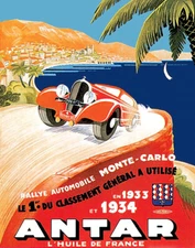 MONTE CARLO RALLY 1933 AUTOMOBILE CAR RACE ANTAR VINTAGE POSTER REPRO FREE S/H