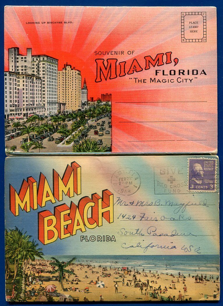 Miami & Miami Beach FLORIDA Vintage Linen Postcard Folder