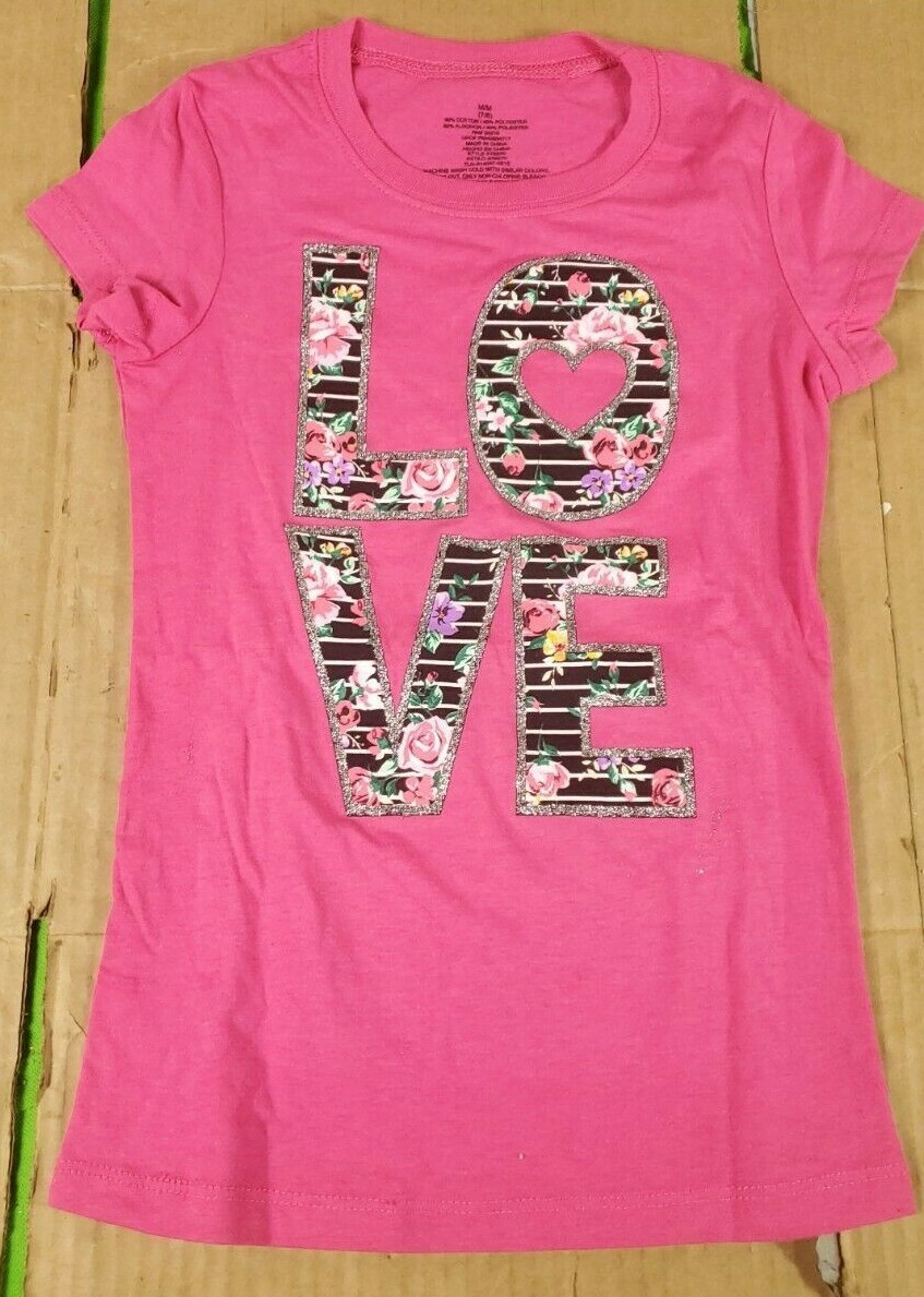 Pink glittered Love Girls Short Sleeve T Shirt size M 7-8 New in