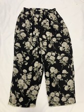 Emanuel Ungaro Black Floral Print Vintage Silk Wide Leg Drawstring Pants M NEW