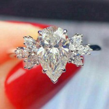 3Ct Lab Created Pear Diamond With Accents Wedding Ring 14K White Gold Finish