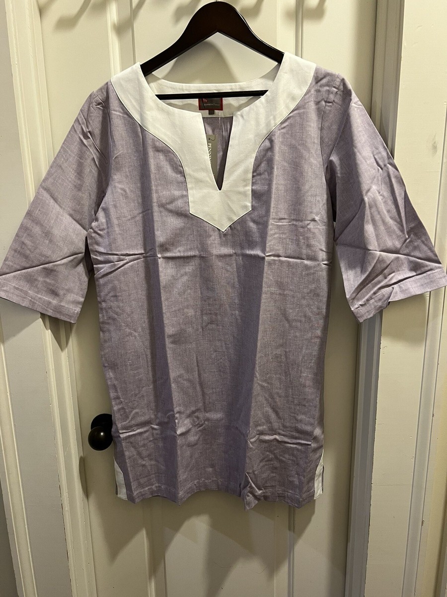 New Pennington Bailes Popover Shirt Purple White 3/4 Sleeve Large NWT