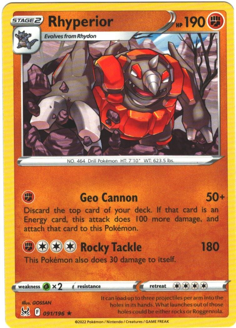 Rhyperior 91/196 Lost Origin Regular Rare Pokemon Card TCG Pokémon 091/196
