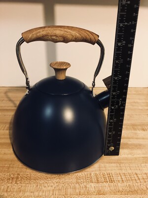 Just Teazen Stainless Steel Tea Kettle Navy Blue Color Wood Look