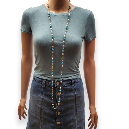 Statement Long 53" Necklace Faux Turquoise Stone Strand Beaded Gold
