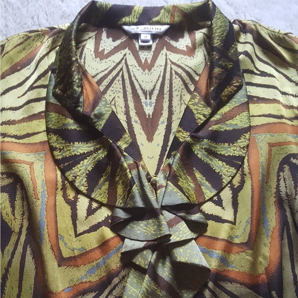 ST. JOHN Vintage Long Sleeve Silk Ruffle Front Button Down Shirt Size 10 image 2