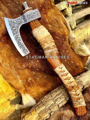 Tomahawk da combattimento in acciaio forgiato a mano D2, ascia, ascia incisa a mano integrale - Foto 2 di 3