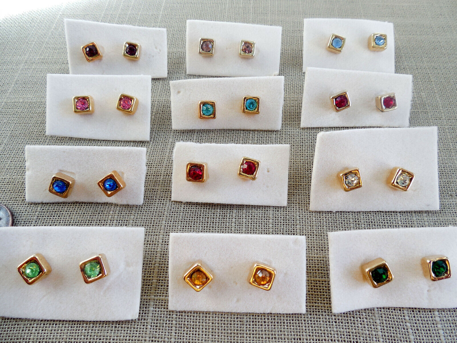 Vintage NOS lot of 12 prs jeweled tn stud Max 55% OFF SQUARE glass pcd gold Sales for sale