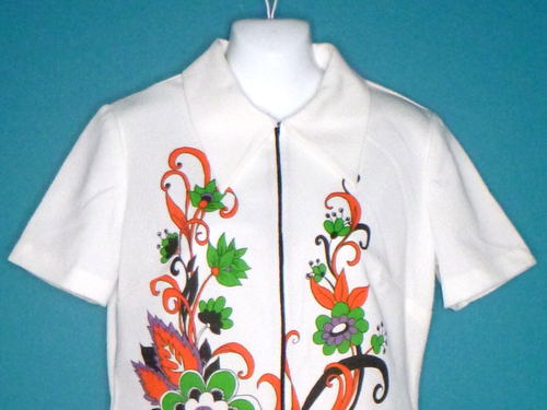 NWOT Vtg 60s 70s MOD Flower Power Polyester Zip Front Tunic Top Sz M/L Orange - Bild 2 von 11