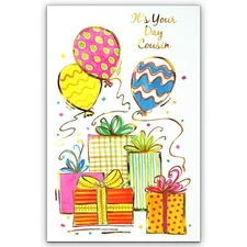 Happy BIRTHDAY Card FOR COUSIN, Balloons Gifts by Premium Greetings + Envelope