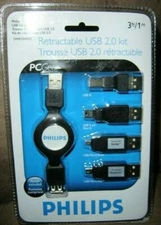 3 FT PHILIPS RETRACTABLE USB CABLE 2.0 KIT #SWR1249/27, (4 adapters) +Travel bag