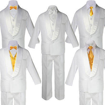 HOT Boy White Shawl Lapel Wedding Suits Tuxedo YELLOW Satin Bow Necktie Vest 