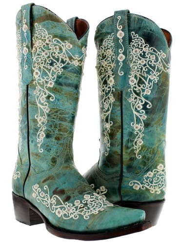 Womens Turquoise Western Boots Cowboy Dress Leather Floral Embroidered Snip Toe - Picture 2 of 6