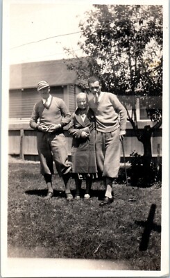 1920s Three People in Sweaters and Hats, Outdoor Gathering Vintage Photo