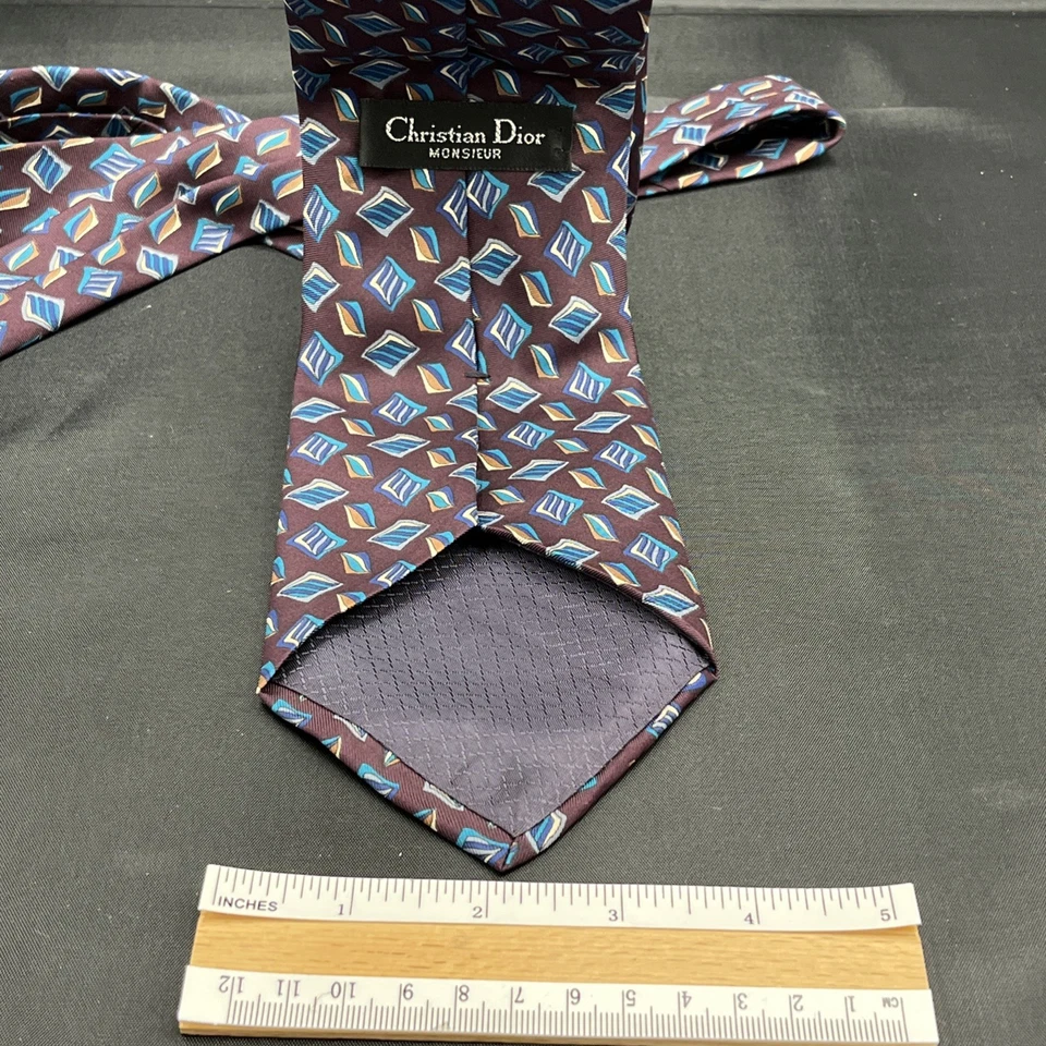 Corbata geométrica para hombre Christain Dior Monsieur Designer vino y oro 100 % seda Foto 3 de 4