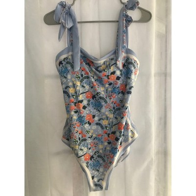 Visual Mood Reversible One Piece Swimsuit Blue White Floral Tie Shoulder Large