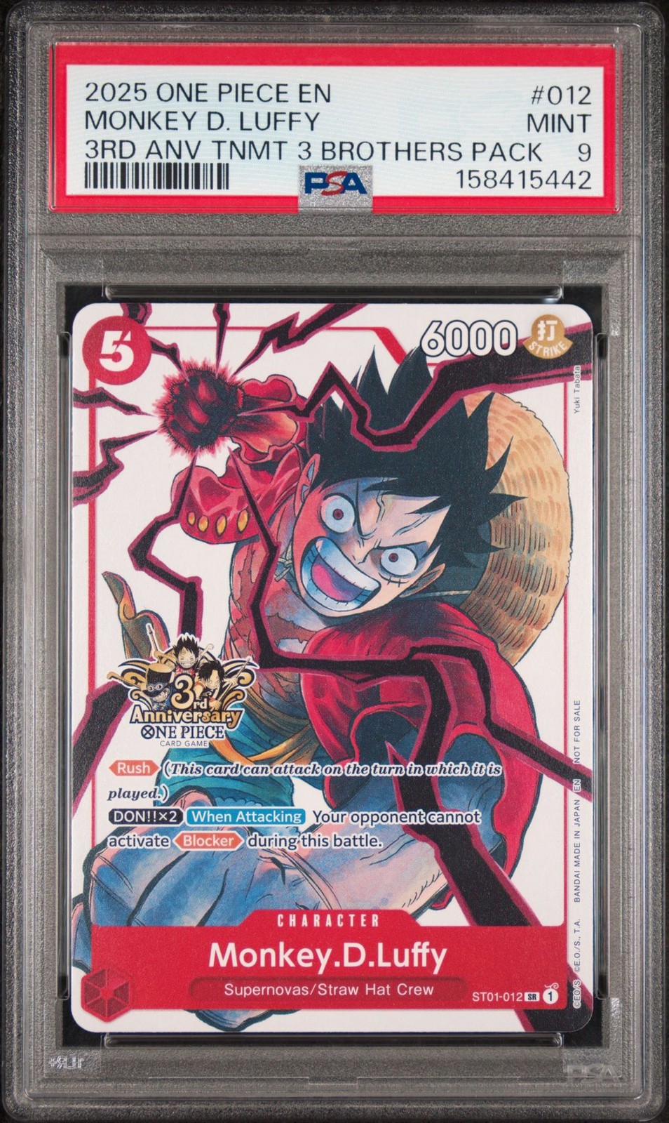 2025 One Piece 3rd Anniversary Tournament 3 Brothers #012 Monkey D. Luffy PSA 9