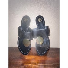 Tory Burch Disk Vacation Cruise Summer Boho Black Leather Mules Flats Sandals