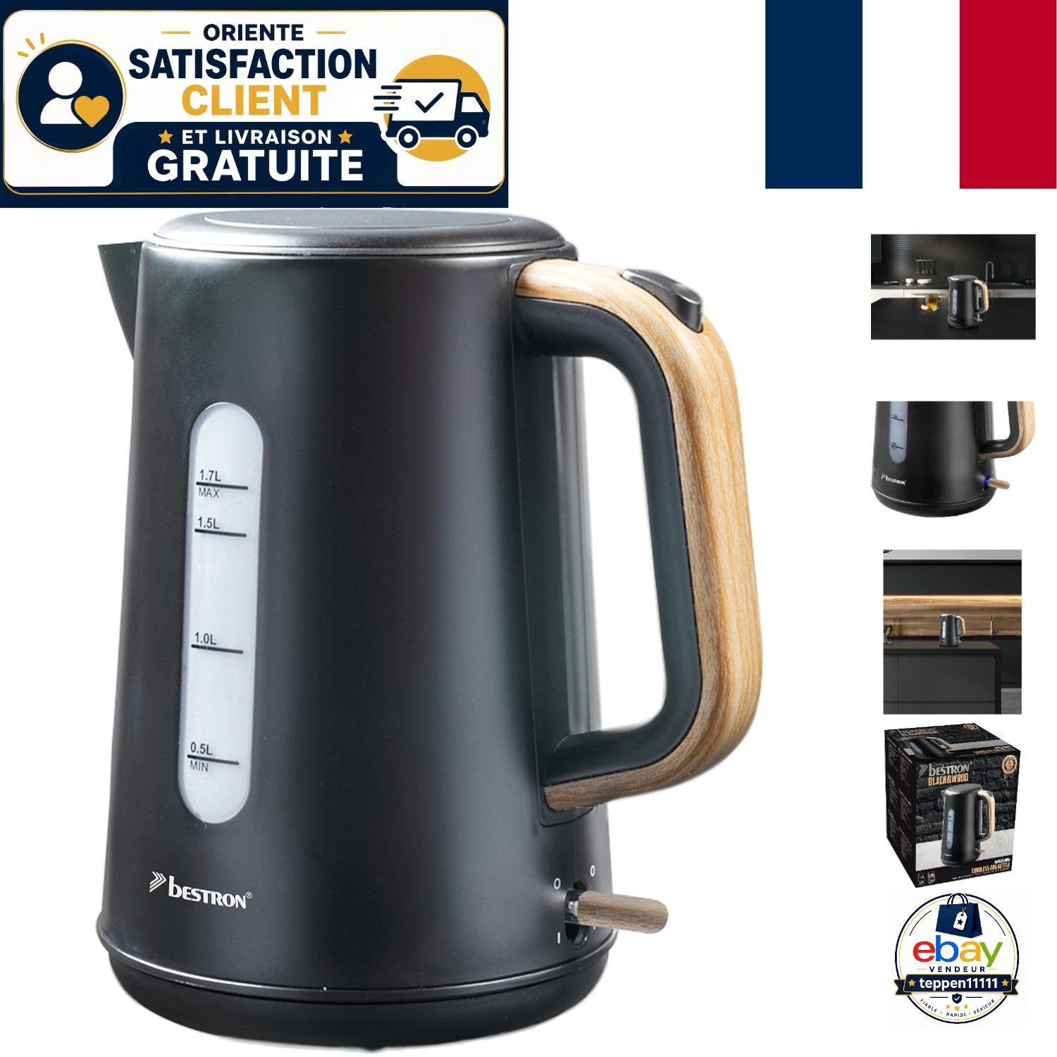 Bouilloire 1,7L Bestron ébullition rapide 2200W base 360°