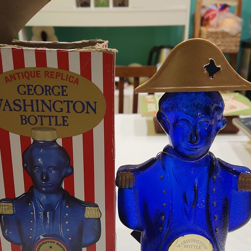 George Washington Figural Blue Glass Bottle Cherry Liqueur Replica 17 fl. oz.