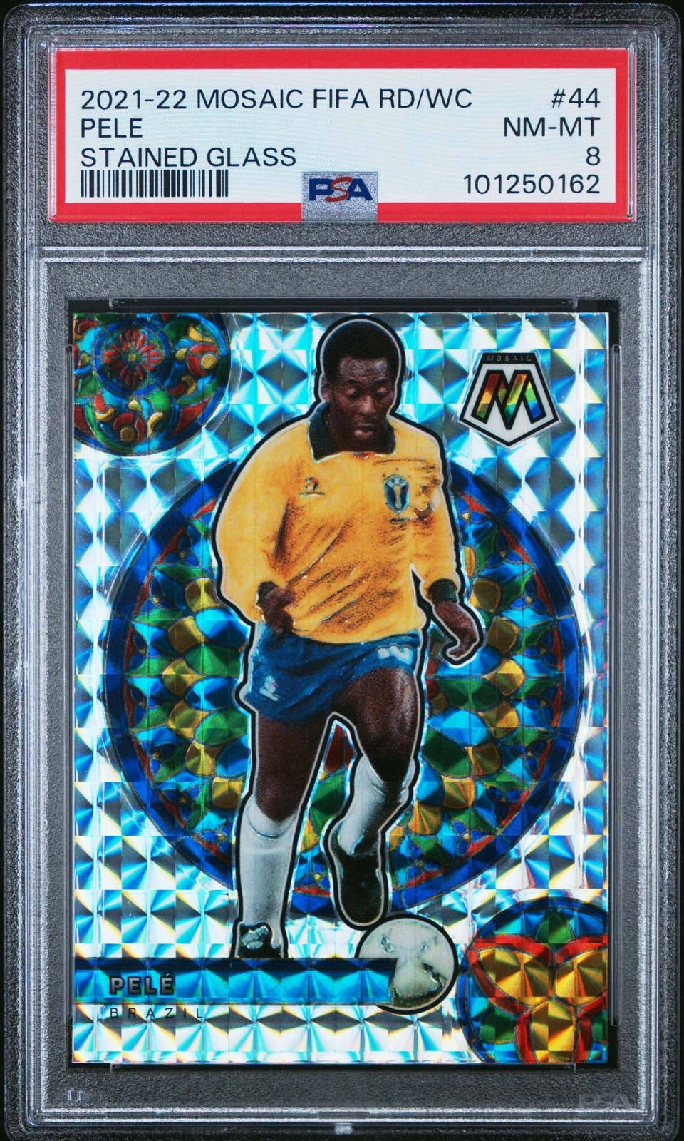 Pele 2021-22 Mosaic FIFA Road to World Cup Soccer Stained Glass #44 Brazil PSA 8
