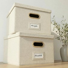Decorative File Organizer Box Set of 2 - Collapsible Linen Filing Cabinets