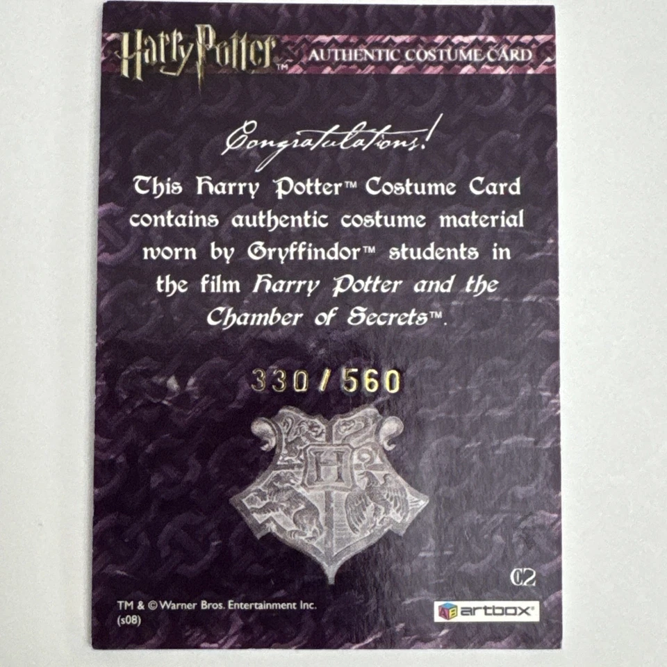 Harry Potter Chamber Secrets 3D Costume Card Gryffindor Student SN 330/560 - Image 3 of 4