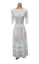 Antique Victorian Edwardian White Cotton Dress Floral Embroidery Eyelet Lace