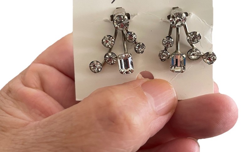 Vintage Clear Dangle Rhinestone Clip On Earrings Silver Tone