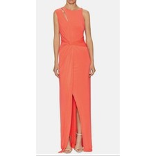 Halston Heritage Long Dress Orange Jersey Front Twist Faux Wrap SZ 12