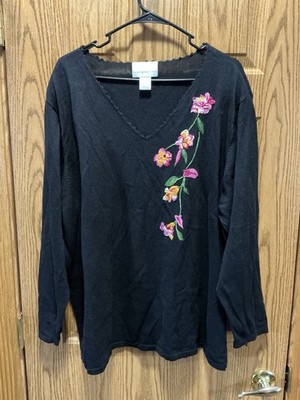 Susan Graver Style Plus Size Top 2X Black Embroidered Flowers EUC