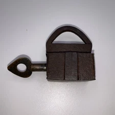 Antique  Iron Padlock w/ Key Small Trunk Chest Box Lock Warded Barrel Key