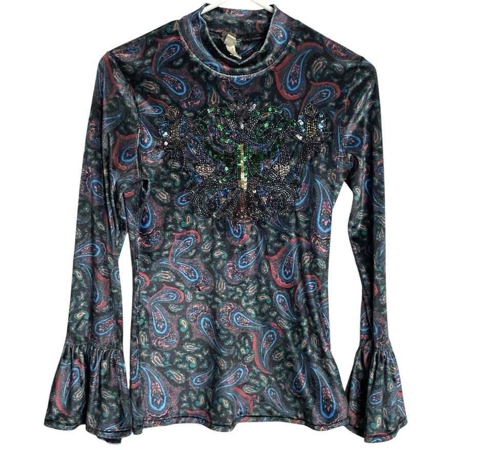 Blusa We The Free People L'Amour Paisley Feminina S Veludo Lantejoulas Frisadas Manga de Sino - Imagem 2 de 4