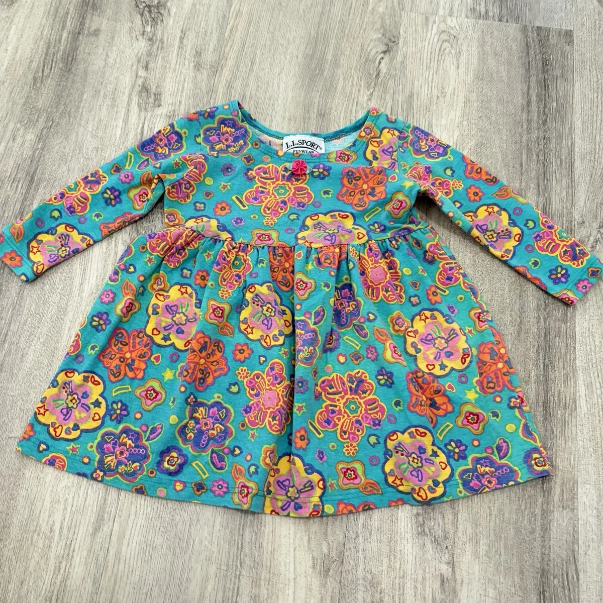 VTG 90S Girls Floral Dress L. L. Bean Sport Colorful Teal Size 4 Long Sleeve Usa