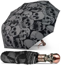 Men's Black Skull Umbrella Automatic Windproof Compact Travel Rain Lightweight