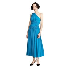 Halston Idalia One Shoulder Ruched Stretch Midi Cocktail Dress 10 Blue Teal NEW