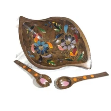 Hand Painted Wooden Salad Bowl Set Floral Design Serving Utensils