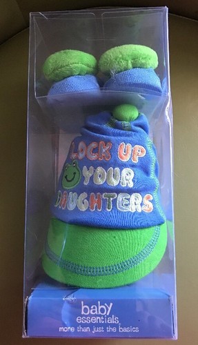 Baby Essentials LOCK UP YOUR DAUGHTERS Sz 0-6M Hat / Cap & Slipper Socks Set NIB - Picture 7 of 7