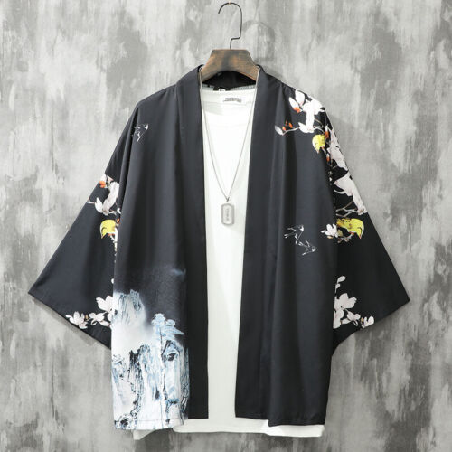 Cardigan kimono giapponese uomo donna Yukata Haori camicia stampata spiaggia manica 3/4 - Foto 10 di 11