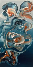 Ocean Wave Abstraction – 23x12 Original Fluid Painting, Blue Orange Modern Art