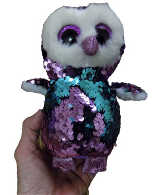 Ty Beanie Flippables MOONLIGHT Owl Plush Color Change Sequin Teal purple 6'' EUC